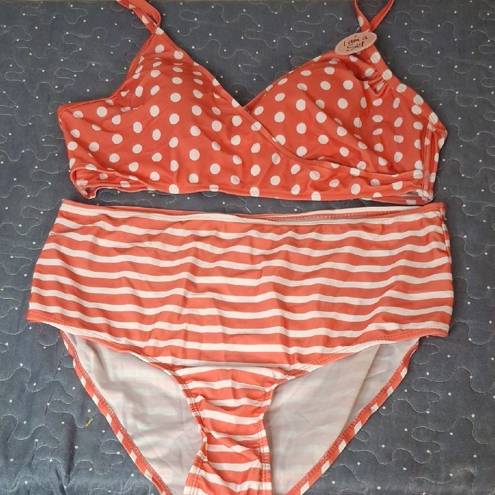 Coral Polka Dot & Stripe Bikini Set size 1X